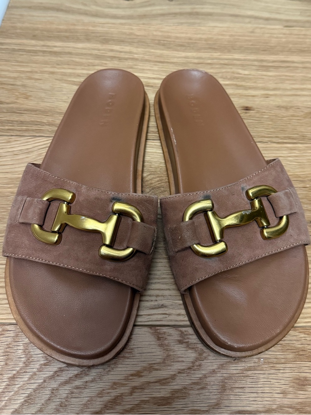 Boden Brown Suede Slide Sandals with Gold Hardware